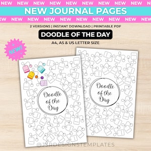 Può includere: Due pagine di diario stampabili intitolate Doodle of the Day, con un motivo di contorni di bustine di tè. Una pagina mostra bustine di tè parzialmente colorate in rosa, blu, giallo e viola. Il testo include New Journal Pages, 2 Versions, Instant Download, Printable PDF e A4, A5 & US Letter Size.