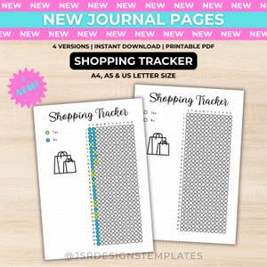 May include: Two printable shopping tracker journal pages featuring a grid of circles for monthly tracking, a shopping bag icon, and the text Shopping Tracker, 4 versions, instant download, and A4, A5, and US letter size, with green and blue colour coding.