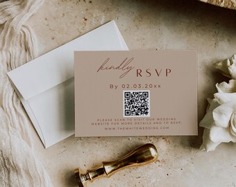 May include: A light brown card with the text "kindly RSVP" in cursive script. The text "By 02.03.20xx" is below the RSVP text. A QR code is below the date. The text "PLEASE SCAN TO VISIT OUR WEDDING WEBSITE FOR MORE DETAILS AND TO RSVP WWW.THEWHITEWEDDING.COM" is below the QR code.