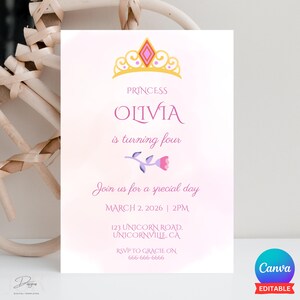 Princess Birthday Invitation, Princess Party Invitation, Kids Princess Party, Princess Theme Party, Editable Template, Instant Download