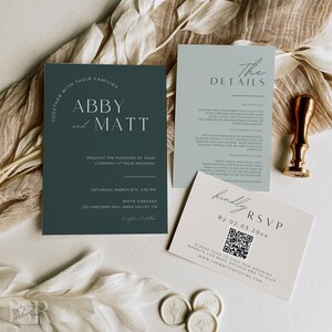 Forest Wedding Invitation Bundle Sage Wedding Invite Suite QR Code RSVP Details Card Printable Personalize Template Instant Digital Download