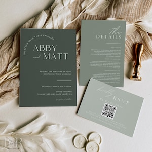 Sage Wedding Invitation Bundle Green Forest Invite Suite QR Code RSVP Details Card Printable Personalize Template Instant Digital Download
