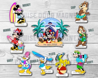 DCL Island Beach Fab 6 Cruise Door Magnets - Personalized - Disney Mickey & Friends, Chip Dale, Porthole, Stateroom, Ship, Surfboard, Swim