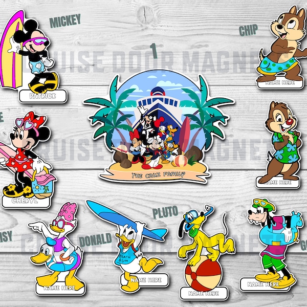 DCL Island Beach Fab 6 Cruise Door Magnets - Personalized - Disney Mickey & Friends, Chip Dale, Porthole, Stateroom, Ship, Surfboard, Swim