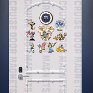 May include: White door with a variety of Disney character magnets, including Mickey Mouse, Minnie Mouse, Donald Duck, Goofy, and Stitch. The magnets feature a birthday theme and the text "Happy Birthday!" The door also has a round blue and white sign with the text "2023" and the text "Cruise Door Magnets" repeated vertically on the left and right sides of the door.