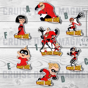 May include: Set of 6 magnetic refrigerator magnets featuring characters from the Incredibles movie. The magnets are 8 inches by 7 inches and feature the characters Mr. Incredible, Elastigirl, Violet, Dash, Jack-Jack, and Syndrome. Each magnet has a space for a name to be written.