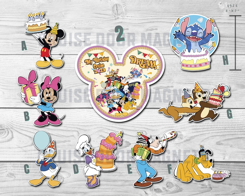 May include: A set of nine Disney character stickers featuring Mickey Mouse, Minnie Mouse, Donald Duck, Goofy, Pluto, Stitch, Chip and Dale, and a group of Disney characters on a cruise ship. The stickers are all in a cartoon style and have a birthday theme. The text on the cruise ship sticker says "My Birthday Cruise 2023".
