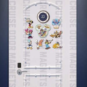 May include: A white door with a variety of Disney character magnets. The magnets feature Mickey Mouse, Minnie Mouse, Donald Duck, Goofy, Pluto, Stitch, and others. The door also has a blue and white porthole with the number 2023 on it. The text "CRUISE DOOR MAGNETS" is printed on the side of the door.