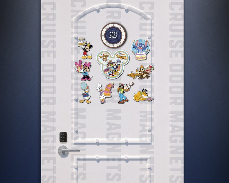 May include: A white door with a variety of Disney character magnets. The magnets feature Mickey Mouse, Minnie Mouse, Donald Duck, Goofy, Pluto, Stitch, and others. The door also has a blue and white porthole with the number 2023 on it. The text "CRUISE DOOR MAGNETS" is printed on the side of the door.