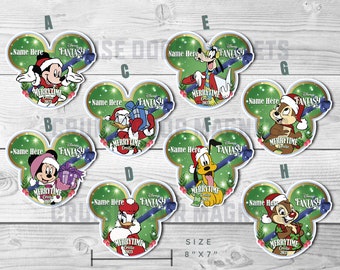 May include: Eight different Mickey Mouse-shaped ornaments featuring various Disney characters from the Disney Fantasy cruise line. Each ornament is green with gold accents and features a different character, including Mickey Mouse, Minnie Mouse, Donald Duck, Goofy, Chip, Dale, and Pluto. The ornaments are 8 inches by 7 inches and have the text "Disney Fantasy" and "Merrytime Cruise 2023" on them.