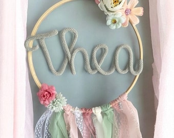 Personalized door wreath, name ring, flower wreath, girl's room, baby gifts, christening gift, knitting wire, nursery decor, handmade