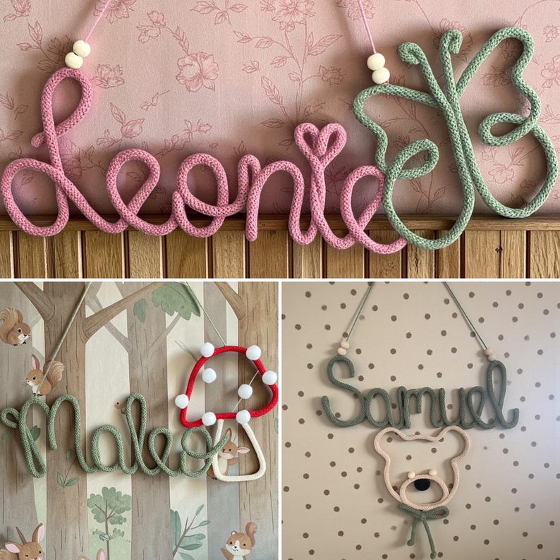 May include: Three wall-hanging name signs made of knitted yarn. One sign spells Leonie in pink with a butterfly, one spells Mateo in green with a red mushroom, and one spells Samuel in green with a beige bear face. Each features wooden beads.