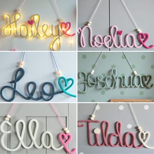 Gepersonaliseerd naamplaatje voor de kinderkamer met hartjes / gepersonaliseerde letters van draad en wol / deurbordje