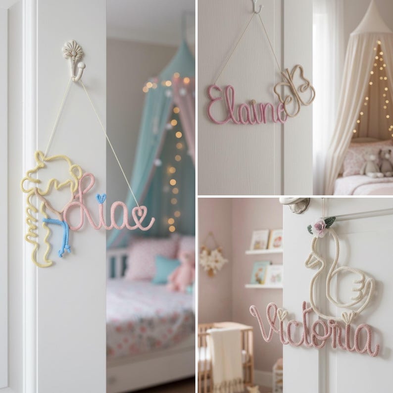 May include: Three decorative wall hangings made of rope, each featuring a name and a shape. One displays the name Lia with a yellow figure, one shows the name Elaine with a butterfly, and one shows the name Victoria with a swan and a small flower.