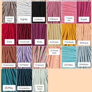 May include: A color chart displaying thirty numbered samples of twisted cord in various shades including white, cream, beige, pink, red, yellow, blue, green, and black. The text "Farben Auswahl" appears at the top and "KINDERZIMMER. LIEBE" at the bottom.