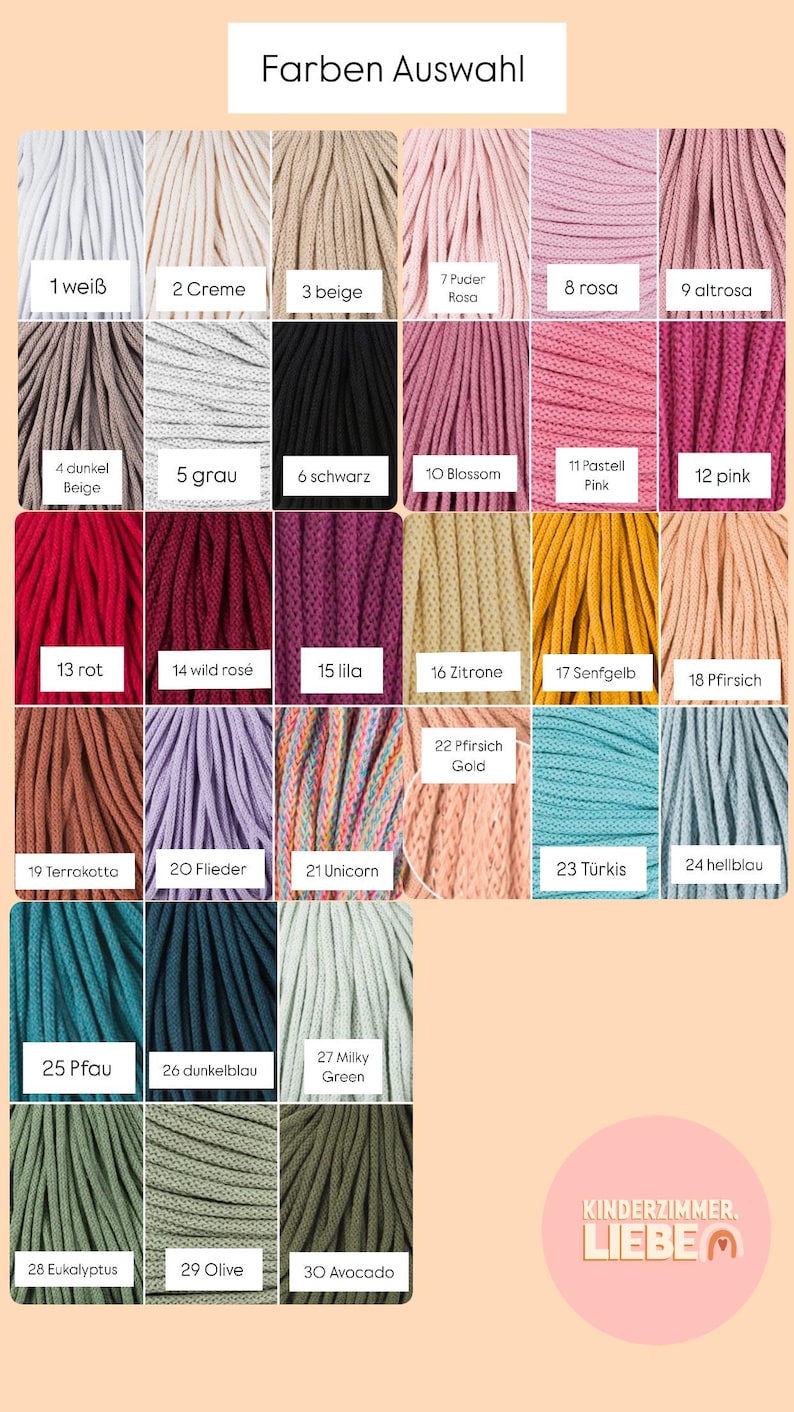 May include: A color chart displaying thirty numbered samples of twisted cord in various shades including white, cream, beige, pink, red, yellow, blue, green, and black. The text "Farben Auswahl" appears at the top and "KINDERZIMMER. LIEBE" at the bottom.