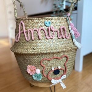 Personalisierter Aufbewahrungskorb mit Wunschfigur, Seegras Korb, Geschenke zur Geburt/Geburtstag/Taufe, Kinderzimmer Dekoration