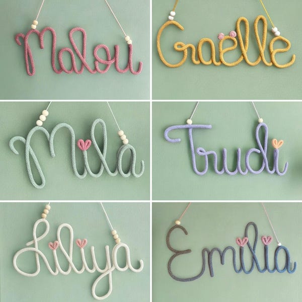 Namensschild Kinderzimmer / Schriftzug aus Wolle / personalisierter Schriftzug aus Draht und Wolle / Türschild