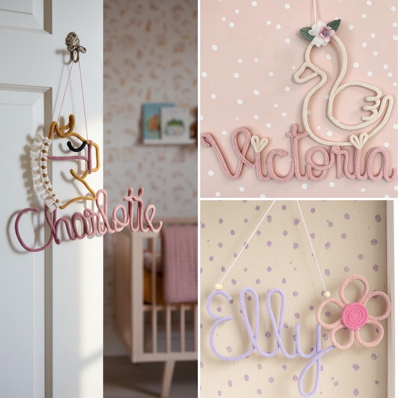 May include: Three wall-hanging name signs made of knitted yarn. One features a gold horse and the name Charlotte in pink. Another shows a white swan with a flower and the name Victoria in pink. The third displays the name Elly in purple with a flower.