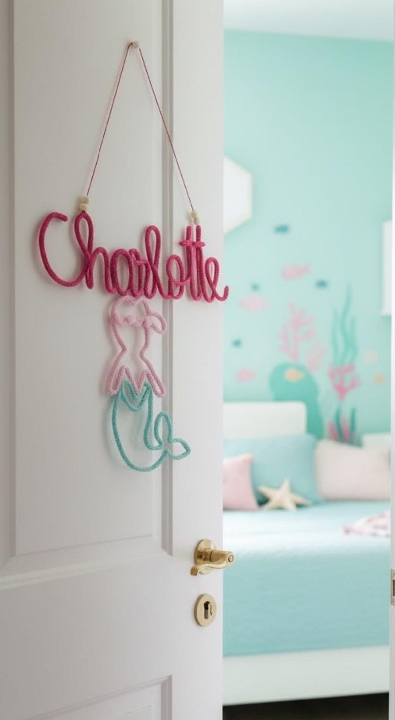May include: A wall hanging decoration featuring the name Charlotte written in dark pink cursive rope, suspended by a thin string with two wooden beads. Below the name is a wire-framed mermaid silhouette with a light pink torso and teal tail.
