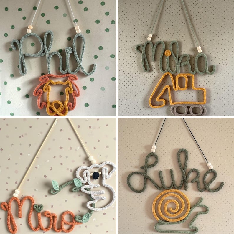 May include: Four wall-hanging name signs crafted from knitted yarn cord. Each sign features a name in cursive script paired with a shape: a dog, an excavator, a koala, and a snail. The designs include wooden beads and hanging strings.