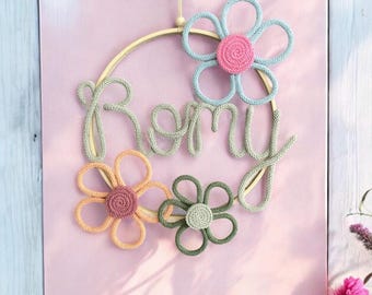 Personalized door wreath, name ring, flower wreath, girl's room, baby gifts, christening gift, knitting wire, nursery decoration, handmade