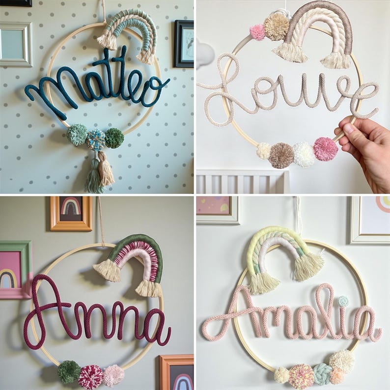 Macrame rainbow door wreath, name ring, door sign, personalized, christening gift, birthday gift, dream catcher, door wreath for children's room image 2