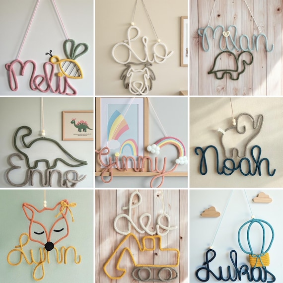 Schriftzug mit Wunschfigur, Namensschild, Türschild, Geschenk zur Geburt, Taufgeschenk, Schriftzug aus Wolle