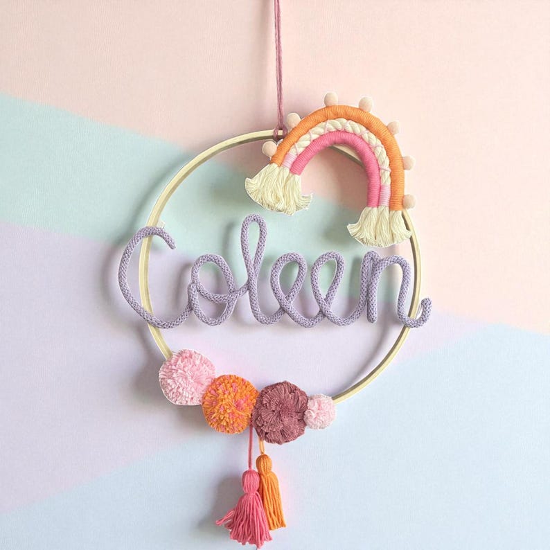 Macrame rainbow door wreath, name ring, door sign, personalized, christening gift, birthday gift, dream catcher, door wreath for children's room image 5