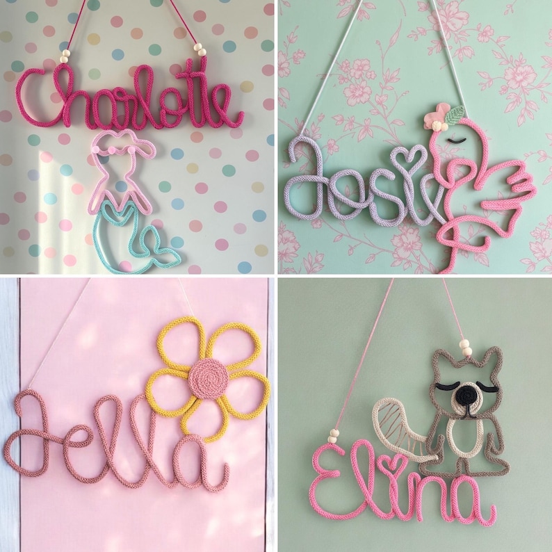 May include: Four wall-hanging name signs crafted from knitted yarn. The signs feature the names Charlotte with a mermaid, Josie with a flamingo, Jella with a flower, and Elina with a raccoon. Each piece includes a hanging cord with beads.