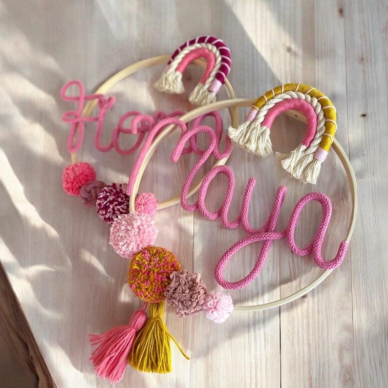 Macrame rainbow door wreath, name ring, door sign, personalized, christening gift, birthday gift, dream catcher, door wreath for children's room image 3