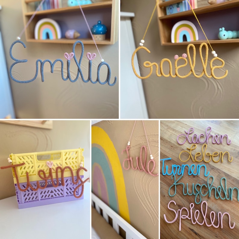 Namensschild Kinderzimmer / Schriftzug aus Wolle / personalisierter Schriftzug aus Draht und Wolle Bild 2