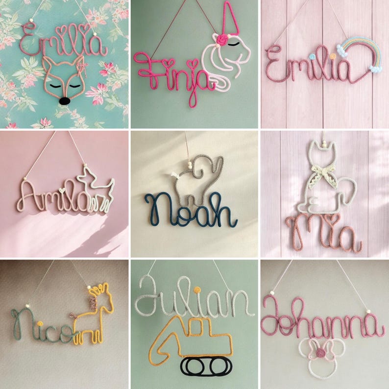 May include: A collection of nine wall-hanging name signs crafted from flexible wire wrapped in colored yarn. Each piece features a custom name in cursive script paired with a unique wire-formed icon, including animals like a fox, unicorn, elephant, cat, giraffe, and excavator.
