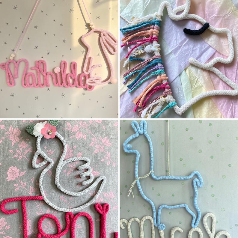 May include: A collection of four wall hangings made from flexible rope. One features the name Mathilda in pink with a rabbit, another a white unicorn with a colorful fringe mane, a third a white swan with flowers, and a blue llama with a name.