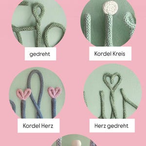 May include: Five different ways to create an "i-dot" using cord and a wooden bead. The cord is twisted, formed into a circle, a heart, and a heart with a twist. The wooden bead is on top of a twisted cord.