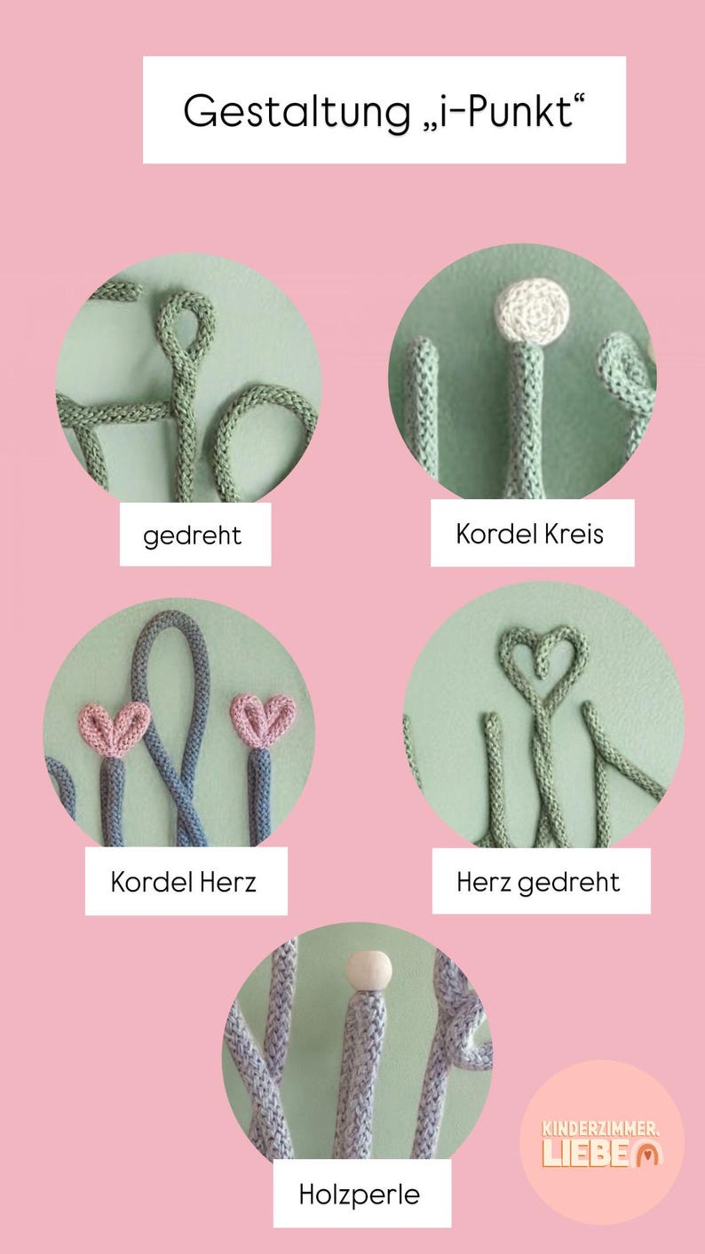 May include: Five different ways to create an "i-dot" using cord and a wooden bead. The cord is twisted, formed into a circle, a heart, and a heart with a twist. The wooden bead is on top of a twisted cord.
