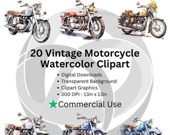 20 Watercolor Vintage Motorcycle Clipart - Motorcycle PNG | Transparent Background | Commercial License | Watercolor Clipart