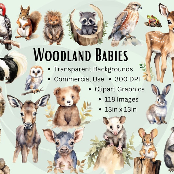 Watercolor Woodland Animals Clipart, Woodland Babies, Baby Animals Clipart, Nursery Clipart, Transparent PNG, Watercolor Animals - Comm. Use