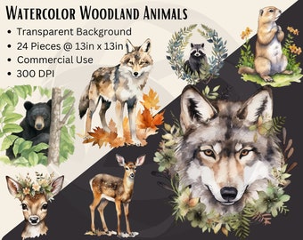 Watercolor Woodland Animals Clipart, Woodland Clipart, Baby Animals Clipart, Nursery Clipart, Transparent PNG, Watercolor Animals - Comm Use