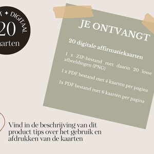 May include: A digital download of 20 affirmation cards. The image shows a green background with text that says "You receive 20 digital affirmation cards". The text also says "1 x ZIP file with 20 individual images (PNG)" and "1 x PDF file with 4 cards per page" and "1 x PDF file with 6 cards per page".