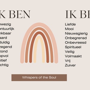 May include: A colourful rainbow graphic with the text "IK BEN" on either side. The text is in Dutch and translates to "I AM".  The rainbow is made up of five bands of colour: pink, orange, yellow, brown, and red.  The text "Whispers of the Soul" is below the rainbow.