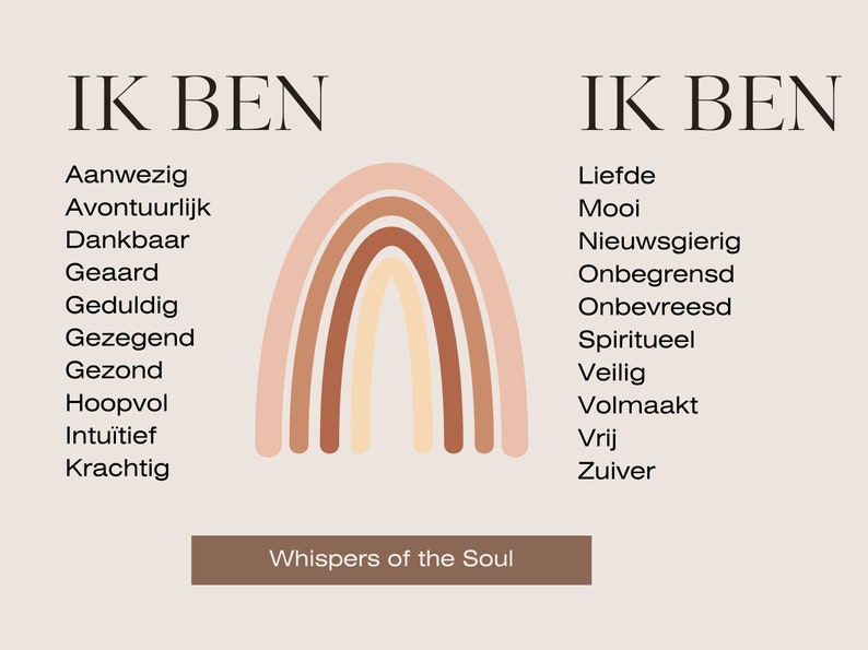 May include: A colourful rainbow graphic with the text "IK BEN" on either side. The text is in Dutch and translates to "I AM".  The rainbow is made up of five bands of colour: pink, orange, yellow, brown, and red.  The text "Whispers of the Soul" is below the rainbow.