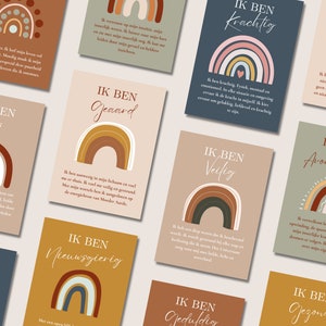 May include: Ten colourful cards with rainbow designs and inspirational messages in Dutch. Each card features a different rainbow design and a message about being strong, brave, adventurous, and more.