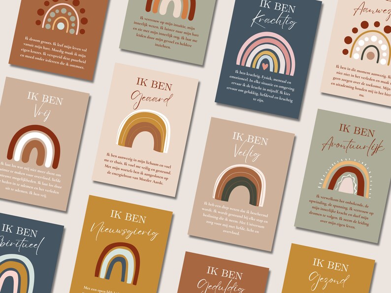 May include: Ten colourful cards with rainbow designs and inspirational messages in Dutch. Each card features a different rainbow design and a message about being strong, brave, adventurous, and more.