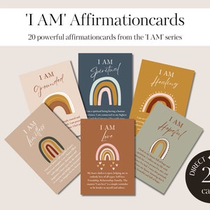Peut inclure: Un ensemble de 20 cartes d'affirmation imprimables avec un design arc-en-ciel et des citations inspirantes. Les cartes présentent des phrases comme "Je suis ancré", "Je suis spirituel", "Je suis en guérison", "Je suis illimité", "Je suis amour", et "J'ai de l'espoir".