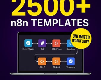 May include: A laptop screen displays a workflow diagram with colorful icons and the text "2500+ n8n TEMPLATES." A yellow circle reads "UNLIMITED WORKFLOWS." The bottom text says "ENDLESS AUTOMATION POSSIBILITIES."