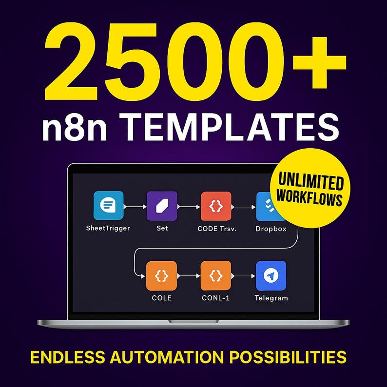 May include: A laptop screen displays a workflow diagram with colorful icons and the text "2500+ n8n TEMPLATES." A yellow circle reads "UNLIMITED WORKFLOWS." The bottom text says "ENDLESS AUTOMATION POSSIBILITIES."