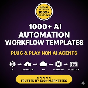 May include: A graphic with a purple and yellow gradient background. The text reads "1000+ AI AUTOMATION WORKFLOW TEMPLATES" and "PLUG & PLAY N8N AI AGENTS". Icons and the text "TRUSTED BY 500+ MARKETERS" are also present.