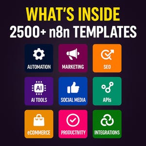 May include: A graphic with the text "WHAT'S INSIDE 2500+ n8n TEMPLATES." Below are nine colored squares with icons and text labels including Automation, Marketing, SEO, AI Tools, Social Media, APIs, eCommerce, Productivity, and Integrations.