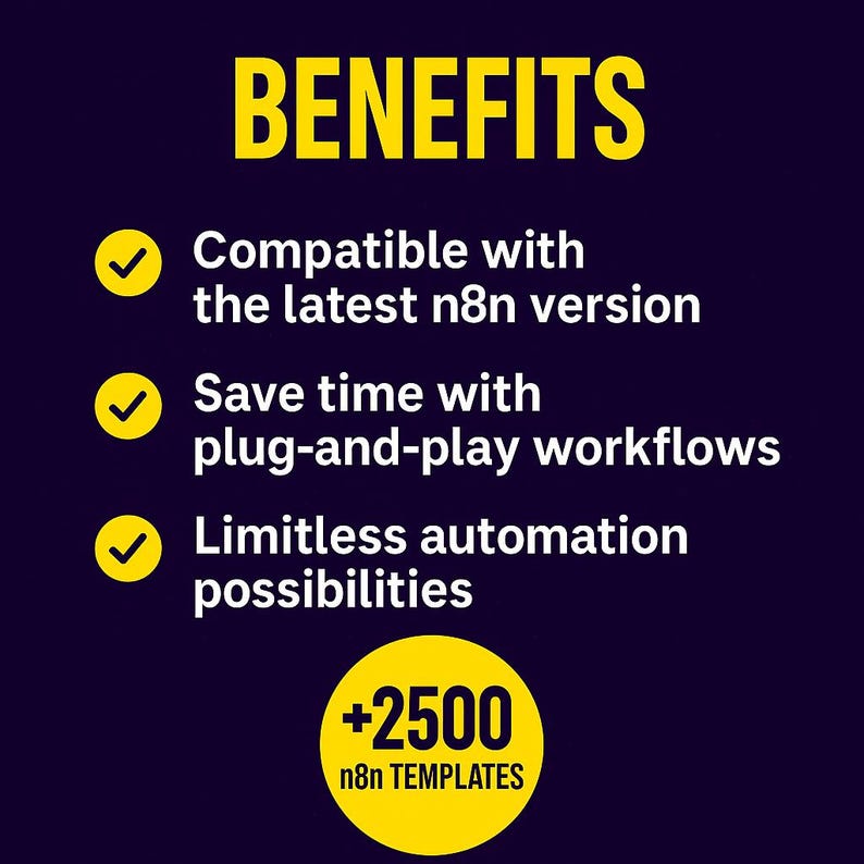 May include: A graphic with the word "BENEFITS" in yellow text. The image highlights features: compatibility with the latest n8n version, time-saving plug-and-play workflows, and limitless automation possibilities. Includes a circle with "+2500 n8n TEMPLATES".